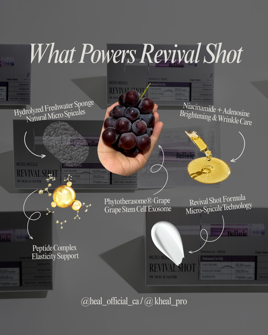 Revival Shot professional facial treatment featuring grape-derived technology, peptide complex, micro-spicule innovation, and advanced aesthetic skincare concepts.